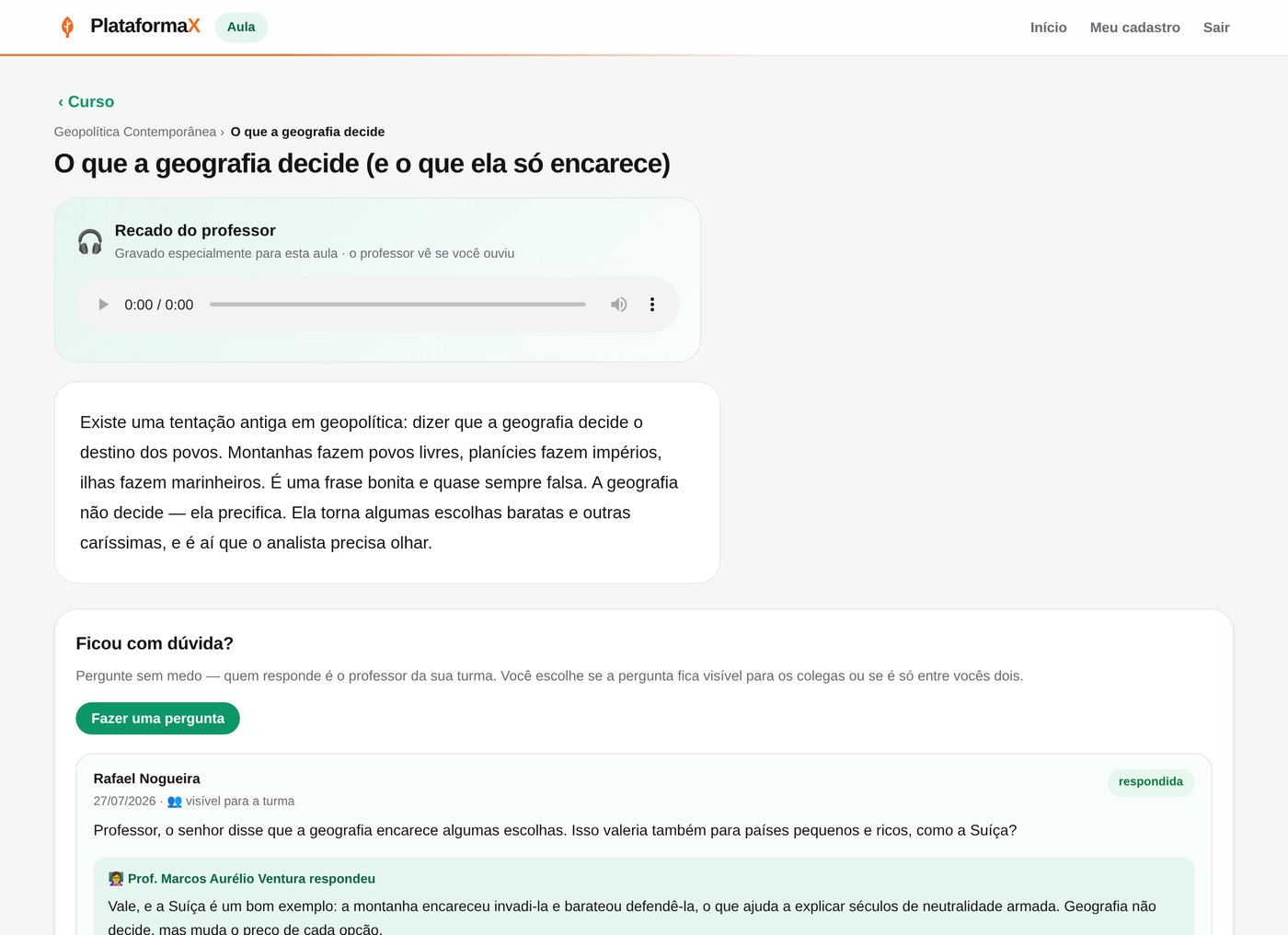 Aula com recado em áudio e perguntas dos alunos