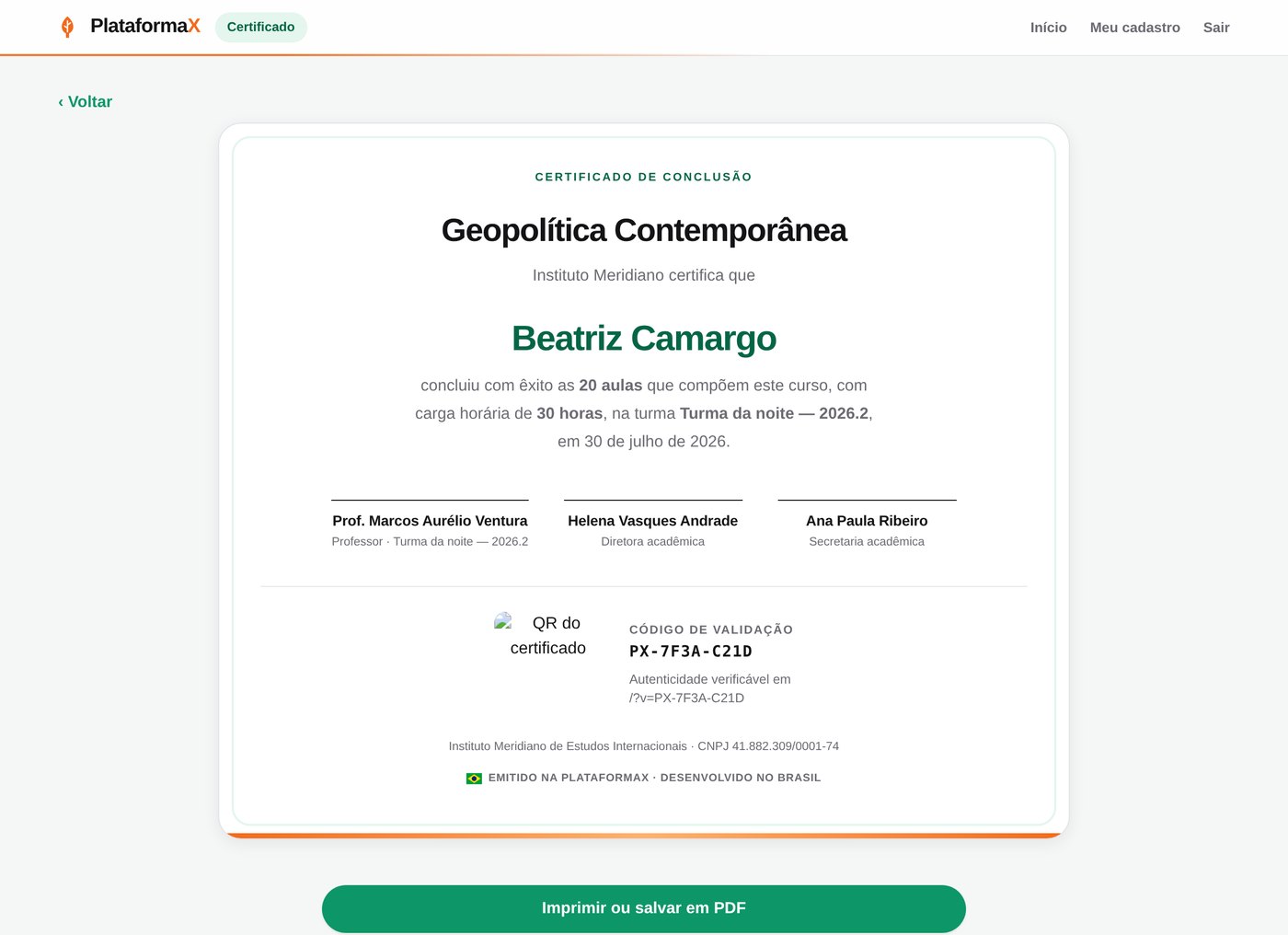 Certificado com QR code, professor, carga horária e assinaturas