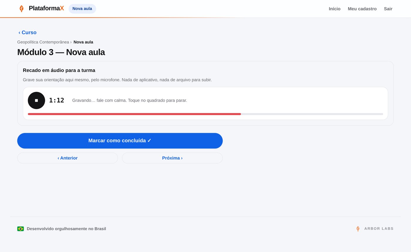 Gravador de áudio na página, com contagem regressiva de três minutos