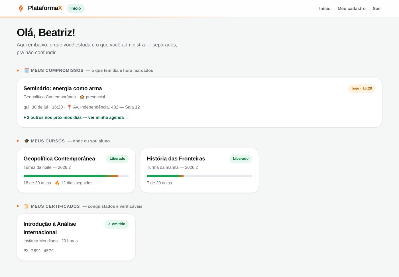 Tela inicial do aluno no MODOX, com compromissos, cursos e certificados