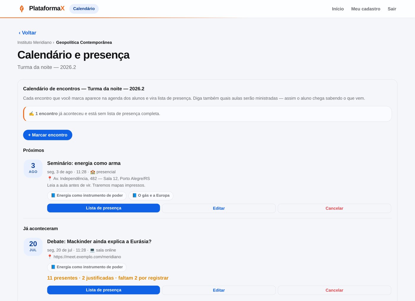 Calendário de encontros da turma com lista de presença